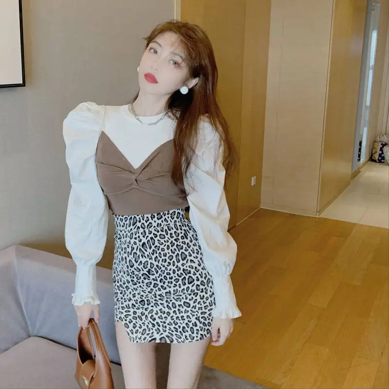Fashion Patchwork Women Blouse Korean Fake Two Pieces Blusas Femme 2020 Autumn Puff Long Sleeve O-neck Shirts