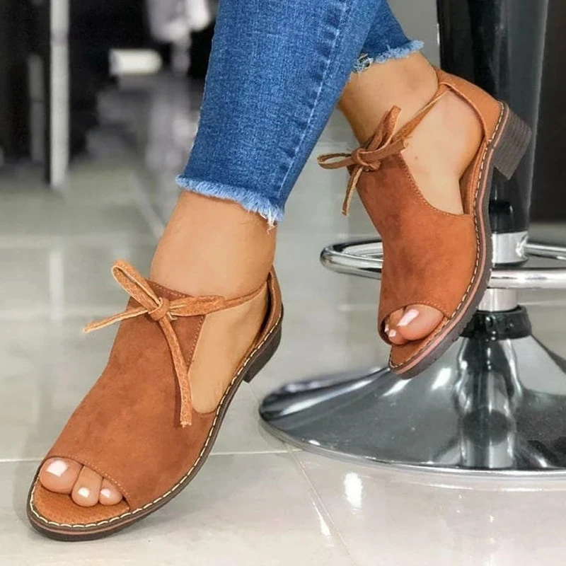 

Summer Fashion Women Casual Simple Pu Pure Color Bowknot Lace-up Flat Sandals Shoes for Ladies 5KE086