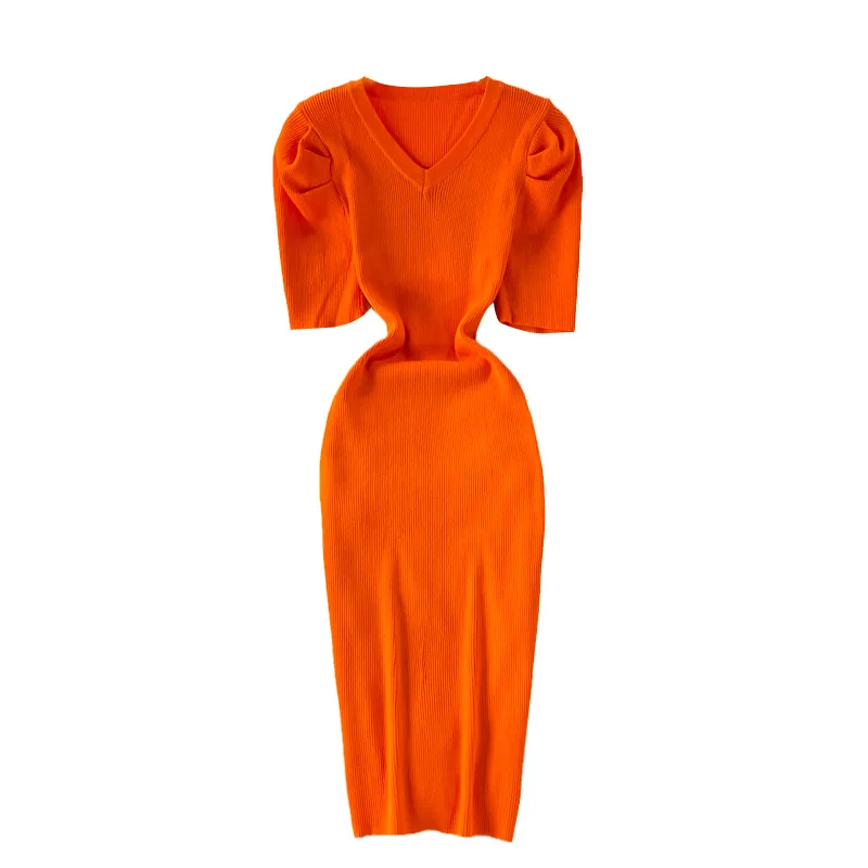

Summer New Knitted V Neck Elegant Dress puff Sleeve Sexy Slim Skinny Hip Short Dress 2021 bodycon mini dress vestido