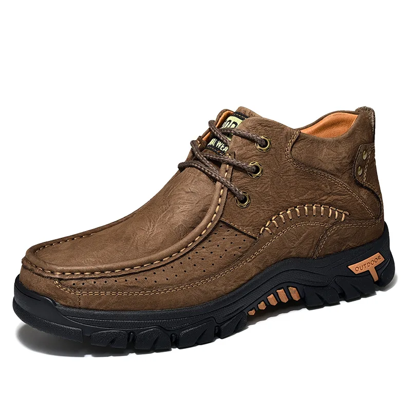 

Men's Outdoor Leisure Leather Shoes Mid-Top Cotton Top Layer plus Velvet Lace up Men's Shoes Middle-Aged and Elderly High-Top