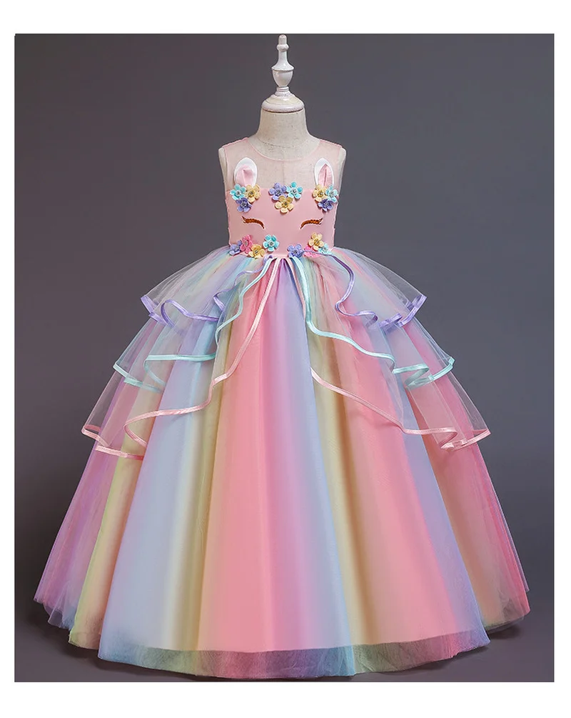 

2021 Flower Girl Unicorn Rainbow Wedding Party Dress Birthday Role Dance Performance Appliques Ball Gown Bell Princess Dress