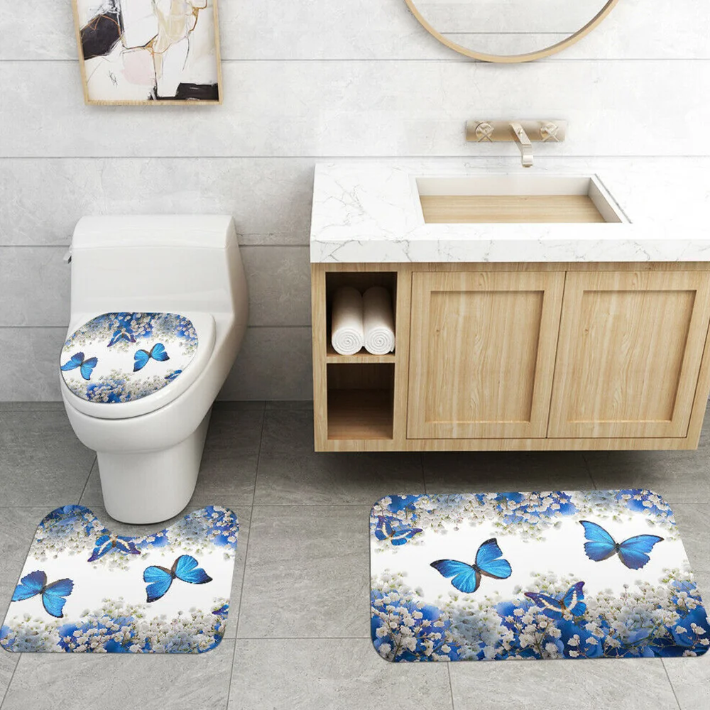 

Flower Butterfly Printing Waterproof Shower Curtain Carpet Toilet Mat Set Toilet Lid Cover + Pedesta