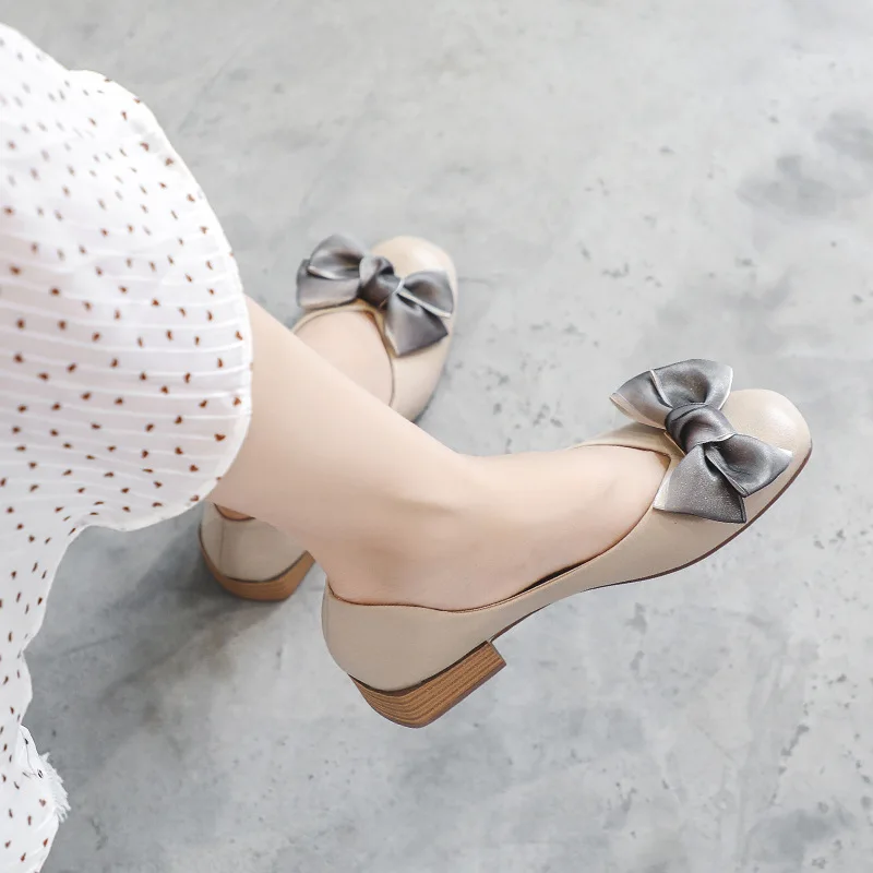 Women's Square Head Chunky Heel Bow Fairy Gentle Semi-High Heeled Bottom Shoes Designer Shoes Women Luxury 2021 Woman Shoes