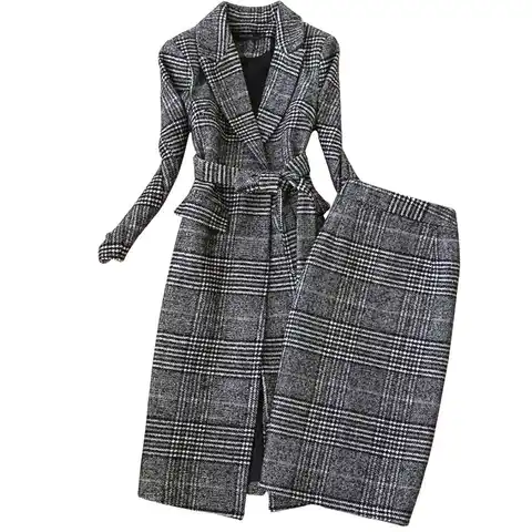 Женский клетчатый костюм, длинный шерстяной пиджак и юбка, твидовый Тренч, комплект из двух предметов, модель f1834 на осень и зиму
