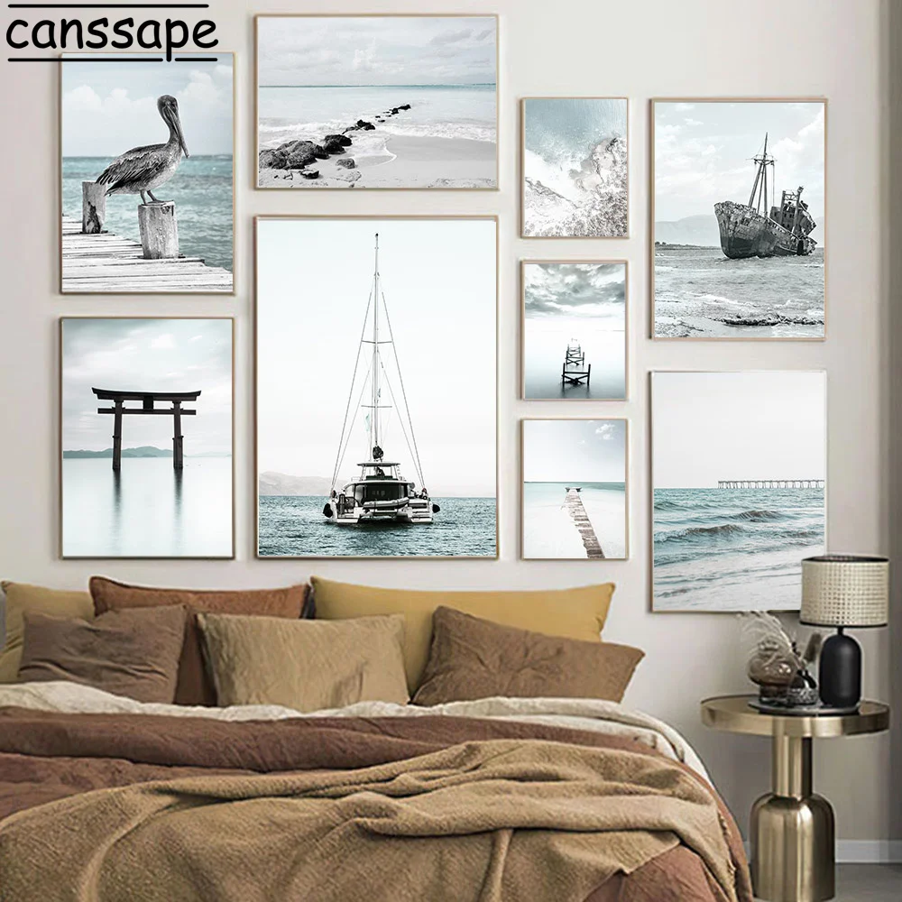 

Ocean Scenery Canvas Poster Bird Print Nordic Painting Rock Posters Beach Prints Steamship Wall Pictures For Living Room Decor