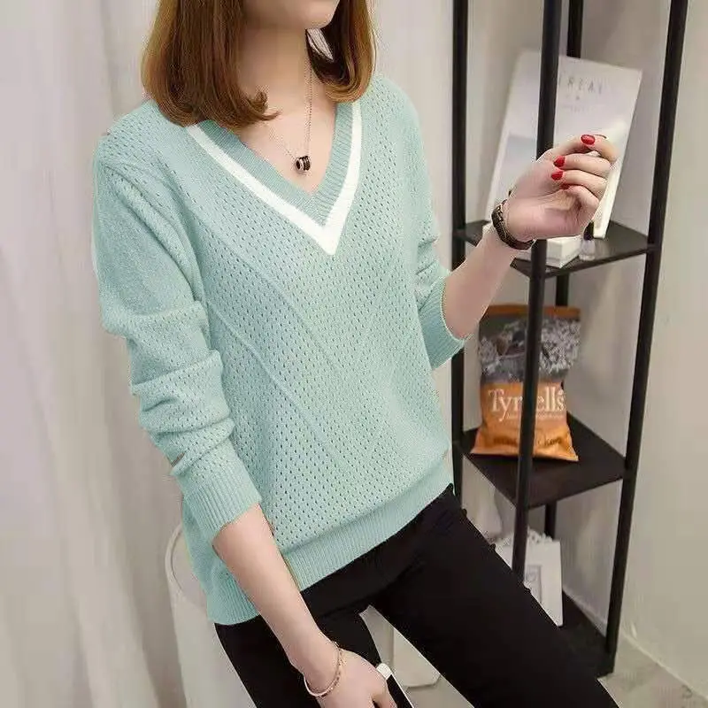 

Spring and autumn knitwear women's Pullover short loose large sweater thin long sleeve bottomed hollow out shirt