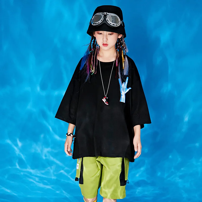 

Kid Hip Hop Clothing Black Print Long Oversized T Shirt Top Summer Running Shorts for Girls Boys Jazz Dance Costume Clothes Wear