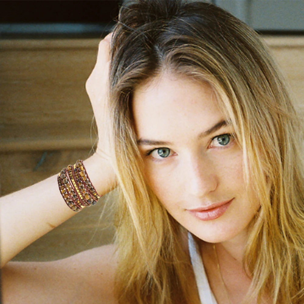 

4 6 8mm Tiger Eye Wrap Bracelet for Women Men Decorate Gold Color Copper Beads Boho Bracelet Handwork Gift Unisex Natural Stone