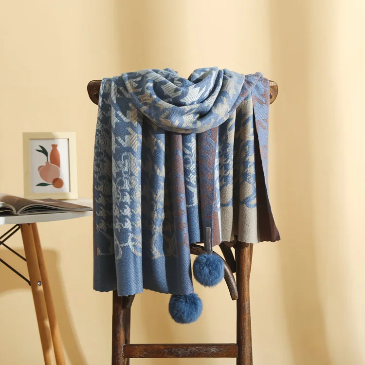 

Autumn / winter 2020 Korean cashmere Plaid women's scarf fashionable and thickened with wool ball cashmere and shawl hair scarf