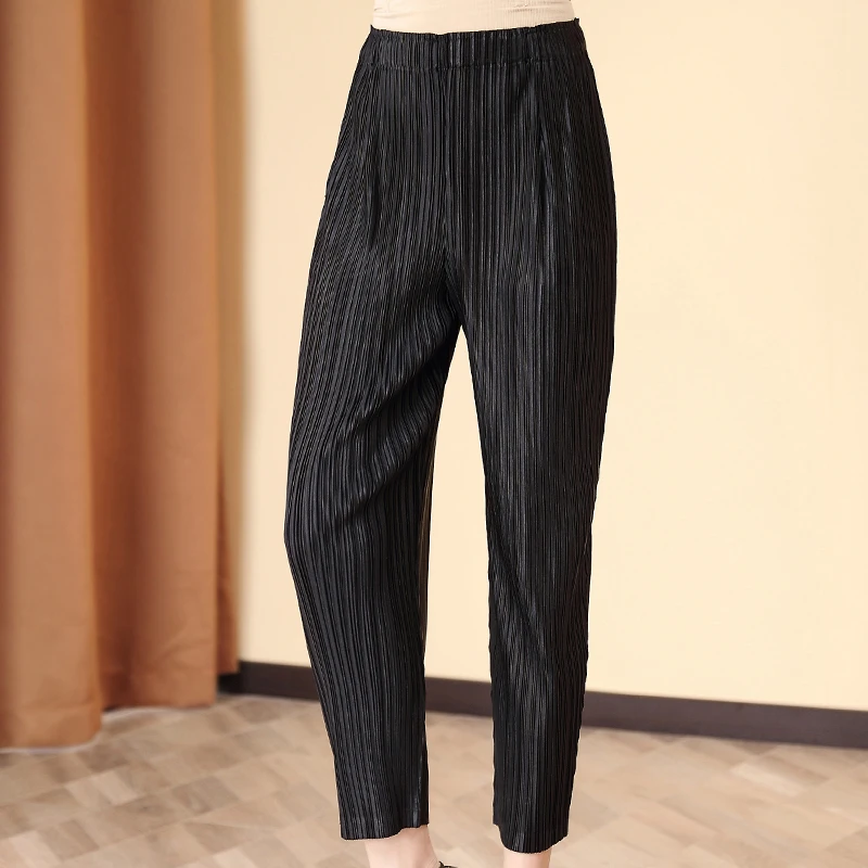 Black Pants Women Casual Summer Clothing New Stretchable Miyake Pleated Solid Colour Loose Ankle-Length Trousers Female
