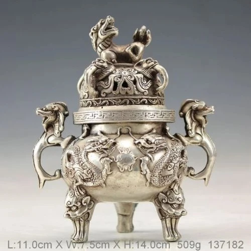 

Exquisite Chinese Vintage White Copper Handwork Dragon Incense Burner Censer