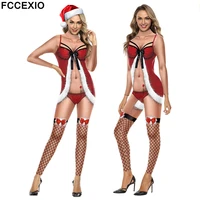 fccexio christmas costume sexy flesh rompers xmas party cosplay women bodysuit party slim long sleeve playsuit party clothing