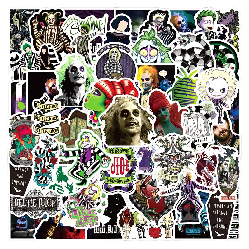Beetlejuice-pegatinas para motocicletas, calcoman&iacute;as cl&aacute;sicas para espect&aacute;culos de televisi&oacute;n, vasos de agua, muebles, equipaje, monopatines, ordenadores, 10/30/50 unids/paquete-0