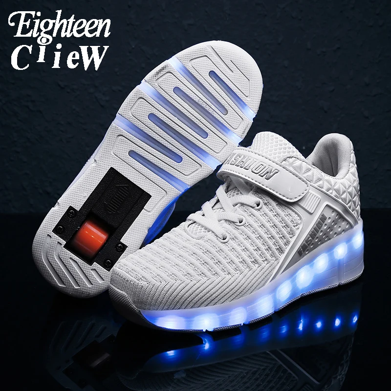 

Детские светящиеся кроссовки, повседневная обувь с колесиками и USB-зарядкой, с подсветкой, белые, 2020