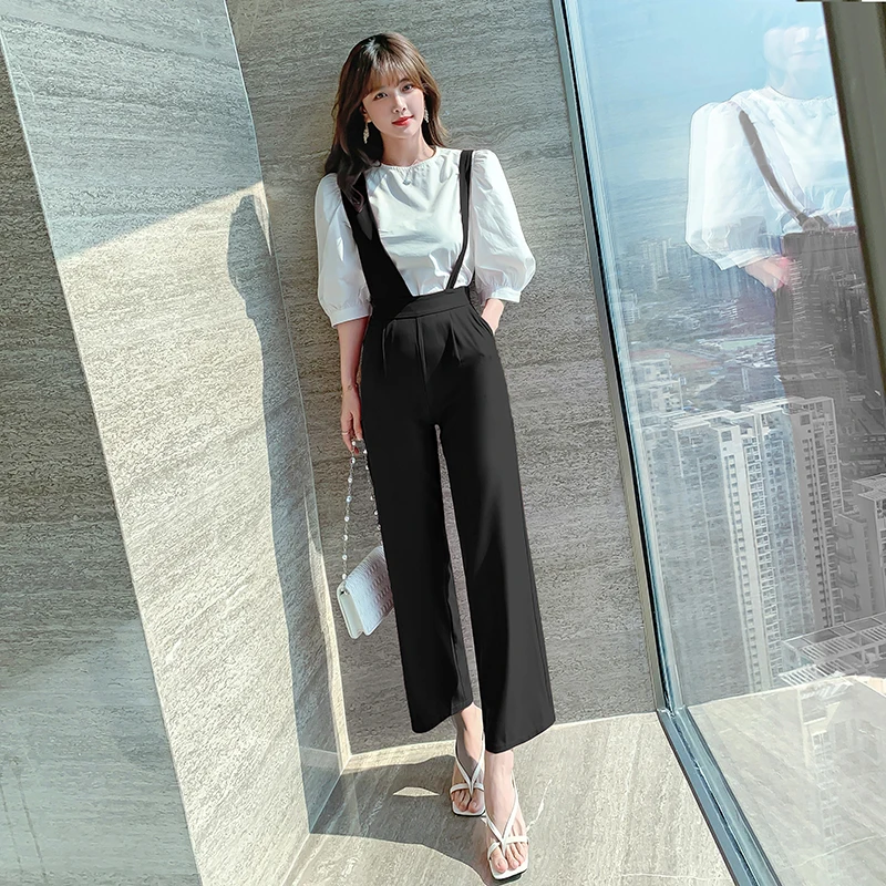 

Female 2021 Summer New Korean Version Two-Piece Set Solid White Blouse Crop Top+High Waist Jumpsuit Strap Pants