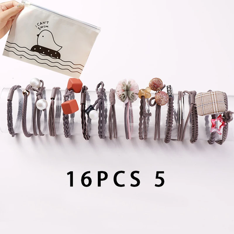 16pcs 5 8/12/16/20/25 шт. Для женщин; обычная блузка для девочек; платье с жемчужинами; резинка для волос, обтянутая тканью; трикотажные резинки для волос хвост держатель повязки для волос аксессуары для волос комплект - Цвет: 16pcs 5