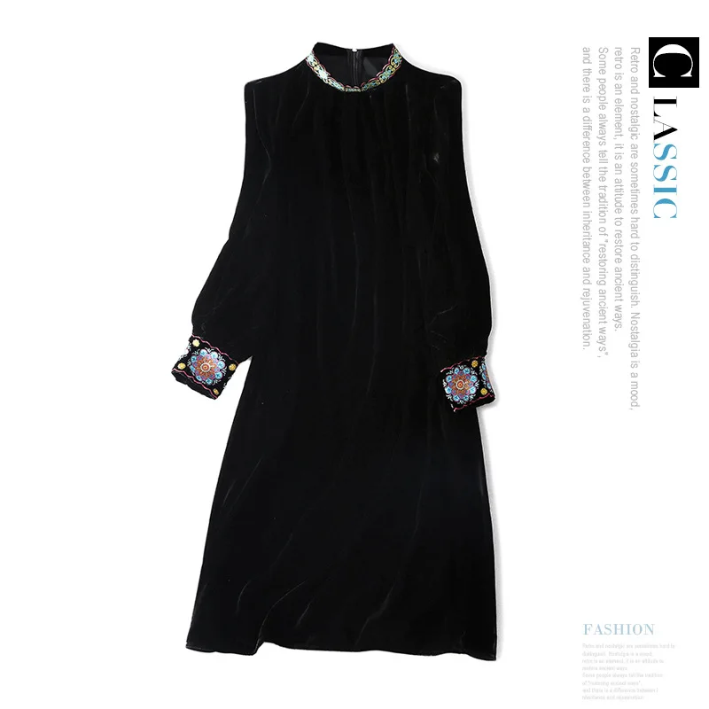 

Женское бархатное платье с вышивкой, платье из чистого шелка с воротником-стойкой и рукавами-фонариками, в европейском дворцовом стиле, осе...