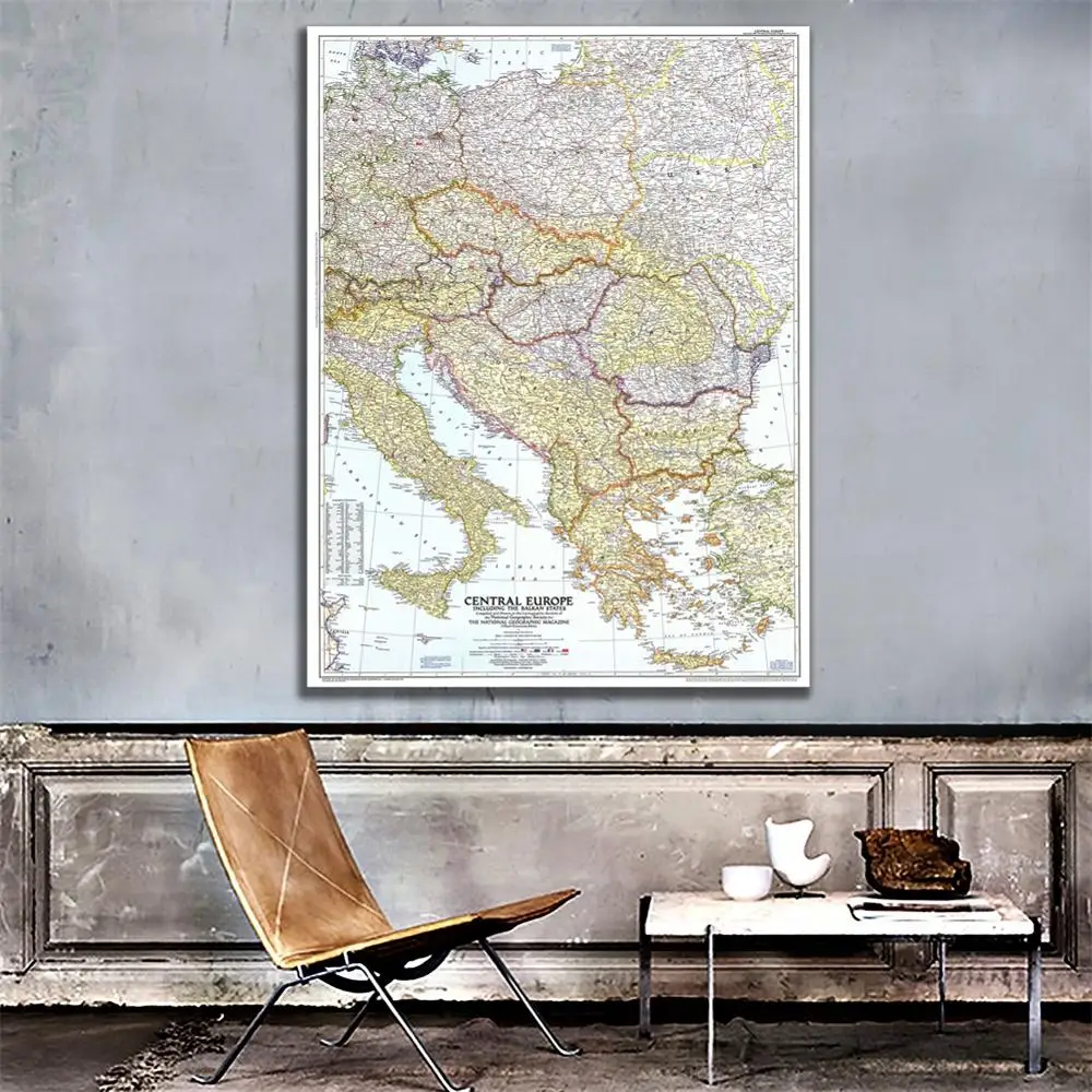 

A1 Size 1951 Edition Fine Canvas Map of Central Europe Including The Balkan States Vinyl Spray Painting For Home Art Wall Decor