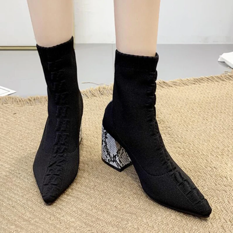 Вязаные черные эластичные носки Модные ботинки Челси на не сужающемся книзу