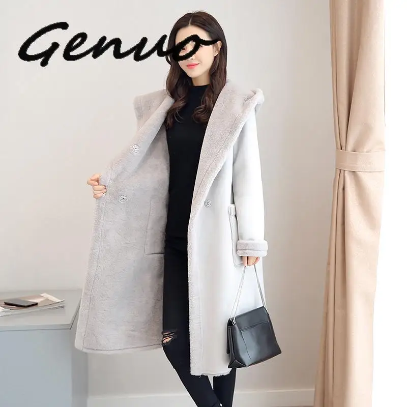 

Genuo New Ladies Leather Jacket Faux Suede Coats For Women Autumn Winter Motorcycle Hooded Faux Long Sleeve Fake Sheepskin Coat