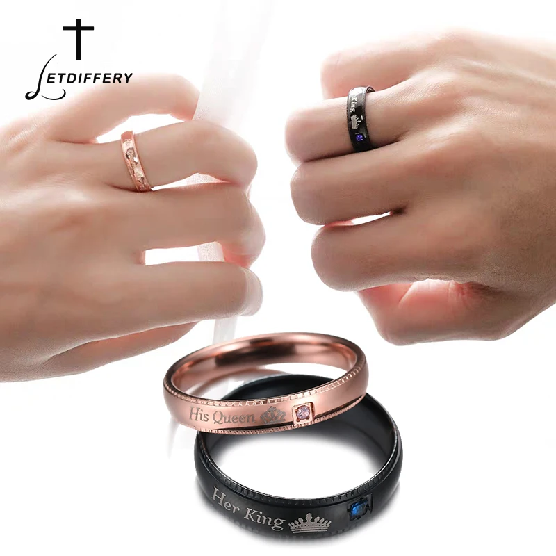 

Letdiffery Stainless Steel His Queen Her King Crown Couple Rings for Lovers 4mm Crystal Women Weding Jewelry Engagement Gifts