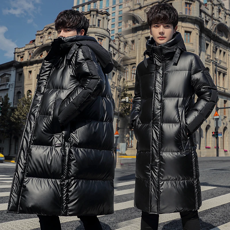 

Black Glossy Down Jacket Men Long Youth Over The Knee 2021 Winter New Fashion and Handsome 90% White Duck Down Men's Warm Coat