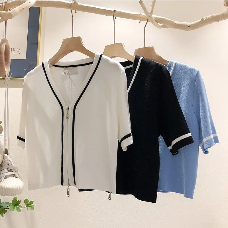 

French Sweet Woman T-shirt Expose Waist SHORT Joker Knitwear Zip Coat VOGUE Trend Preppy Style Partysu Slit The Fairy Van