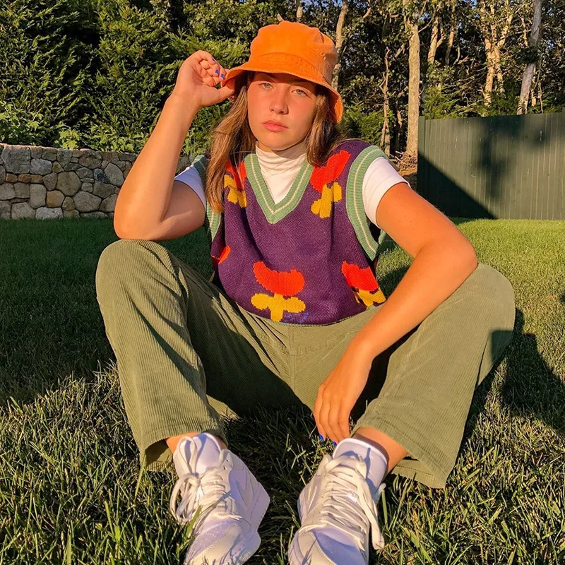 

2020 Autumn Womens V Neck Sweater Vest, Trendy Sleeveless Floral Print Rib Kitted Loose Crop Top