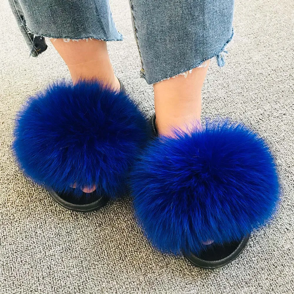 

Real Fox Fur Slides Summer Woman Fur Slippers EVA Furry Beach Sandals Soft and Comfortable Fluffy Flip Flops Sexy Big Size 45
