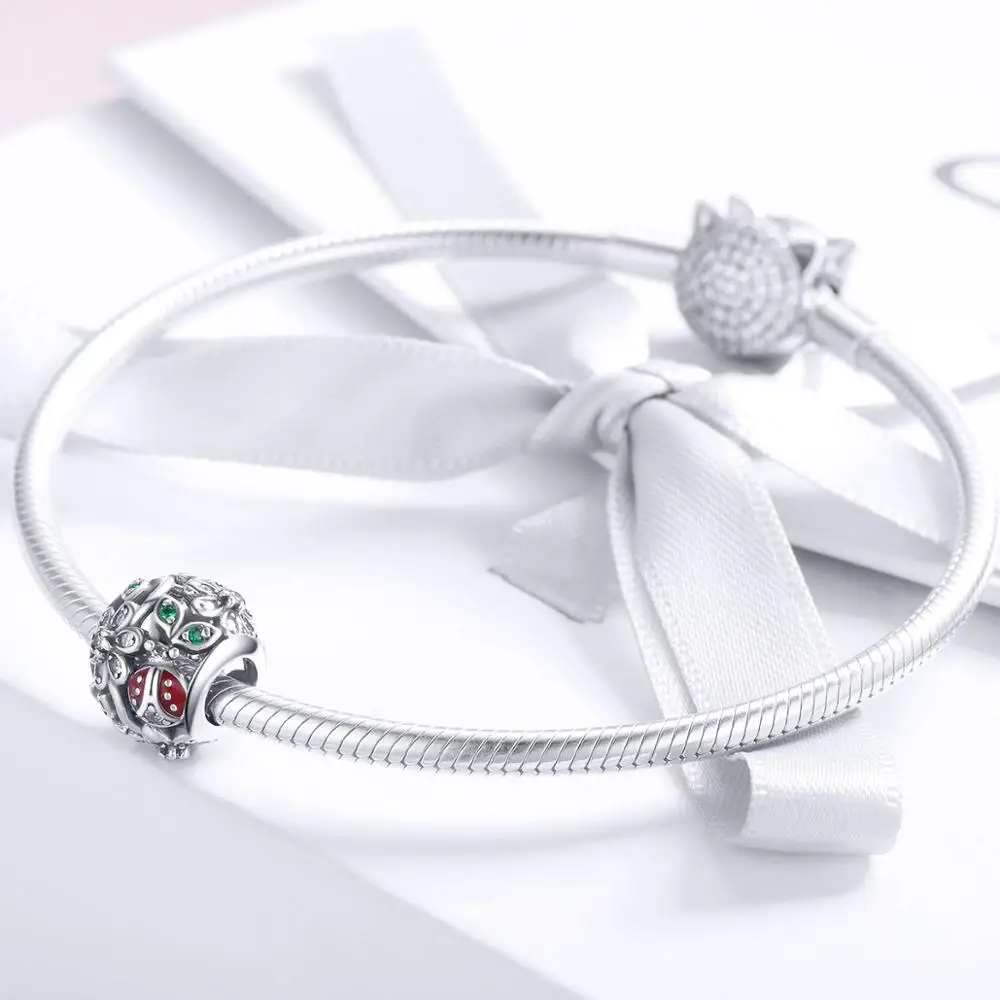 100% 925 пробы серебряные модные красные Божья коровка цветок страна чудес