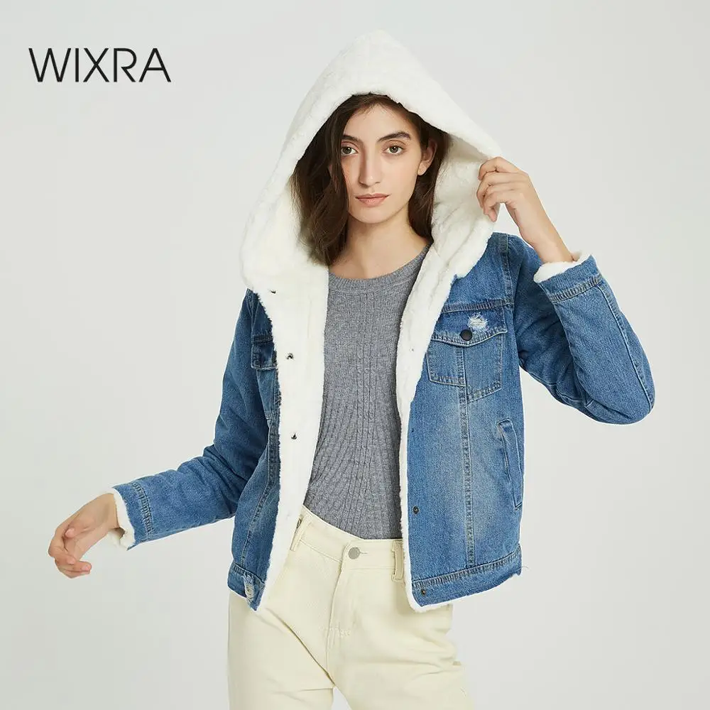 Wixra Однотонная синяя джинсовая куртка с капюшоном для женщин свободная