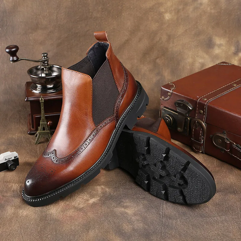 Модные черные/коричневые классические ботинки мужские челси из натуральной кожи