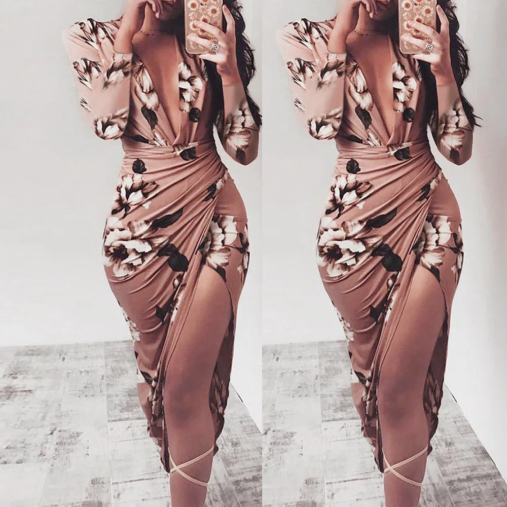 Женское платье на осень и зиму повседневное с цветочным принтом длинным рукавом