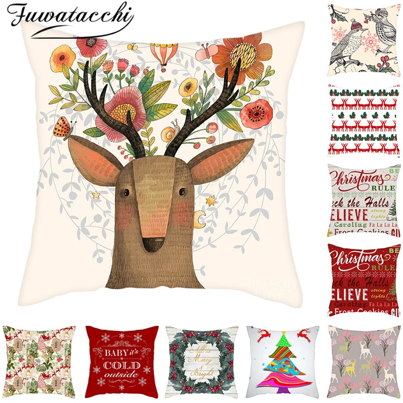 

Fuwatacchi Christmas Tree Chshion Cover Elements Pillow Cover Printed Deer Pillowcase for Home Sofa Decorative Pillows 45*45cm