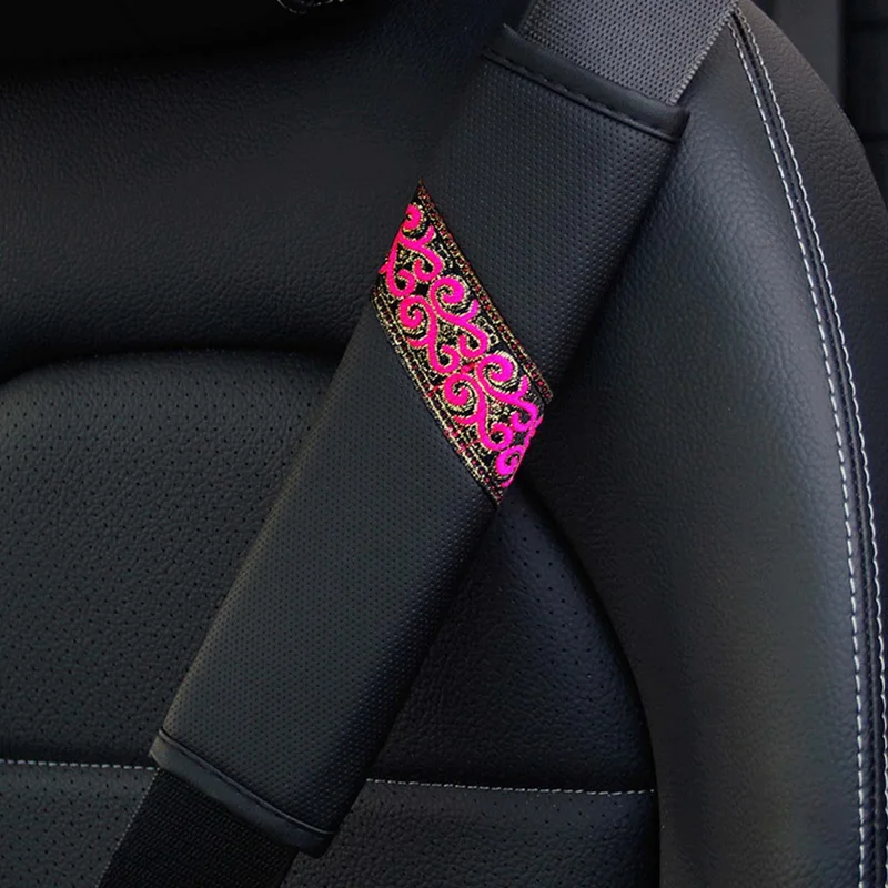 

1pc Golden Silk Auspicious Pattern Leather Breathable Car Seat Belt Shoulder Guard Protective Cover 6.5X23cm Safety Belt Sheath