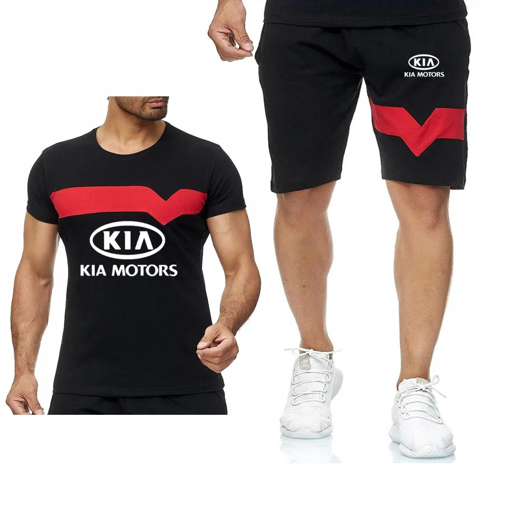 

Summer Men's Suit for KIA Car Logo Printed Mens Short Sleeve Casual Comfortable Splice Cotton male T-Shirt Pants Suit 2Pcs