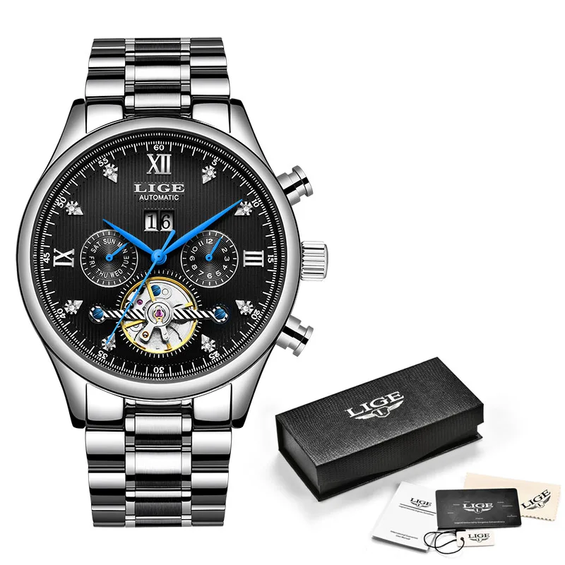 

LIGE Hot automatic mechanical men watch Original Top brand luxury business waterproof military Tourbillon clock reloj hombre+box