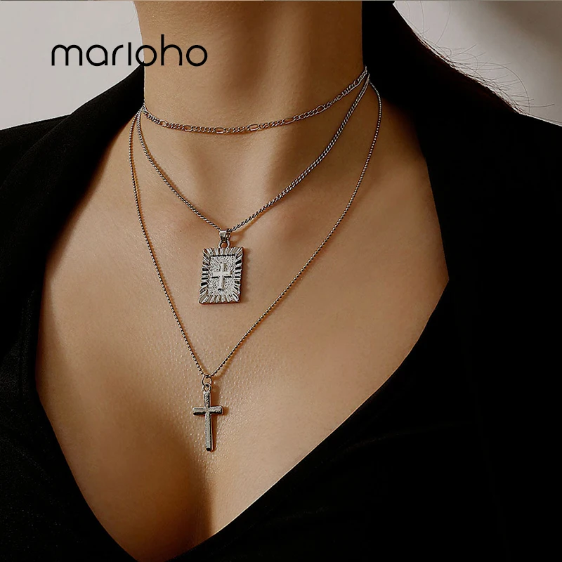 

Marioho Retro Ins Long Chain Necklace With Religious Cross Multi-layer Geometric Pedant Necklace For Women Metal Jewelry Gift