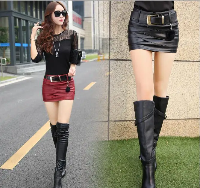 

2020 Plain Faux Leather Skirt Black Mid Waist with Belt Sexy PU Skirts Women Elegant Sheath Above Knee Mini bottom red black
