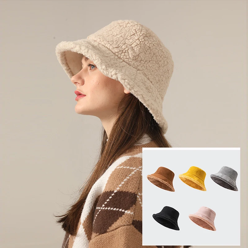 2021 New Lamb Plush Hats Double-sided Bucket Hat Women Winter Thicken Keep Warm Panama Outdoor Fashion Fisherman Hat Basin Cap
