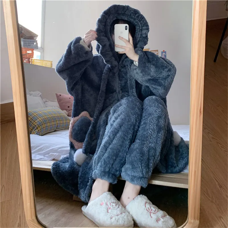 

Alien Kitty Sweet Hot Christmas Hooded 2021 Chic Cute Girls Warm Nightwear Suits Oversize Loose Homewear Casual Pajamas Sets