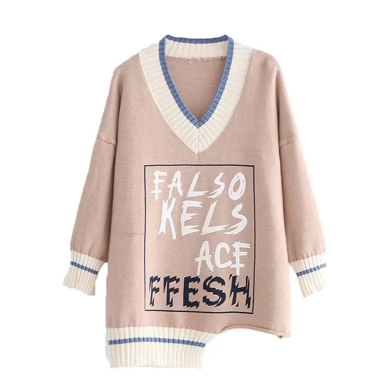 

Sweaters Woman Pullovers Fashion Spring V-neck Sweater Long Sleeve Korean Lazy Style Letter Women New Fluffy Tricot Girl