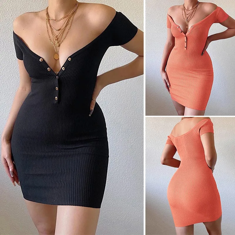 

Women'S Off Shoulder Breasted Knit Slim Dress Sexy Solid Color Dress Party Dress Party Dresses