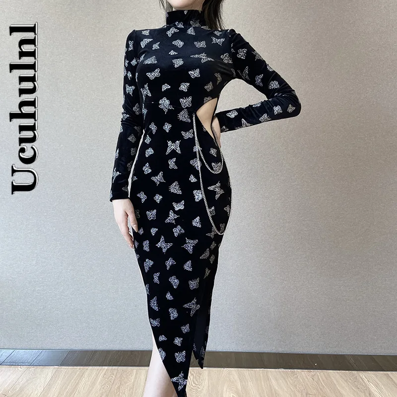 

Ucuhulnl, Женская водолазка, Крутое платье с длинным рукавом в стиле ампир, 2021, женские ажурные платья с металлическими цепочками и асимметричны...