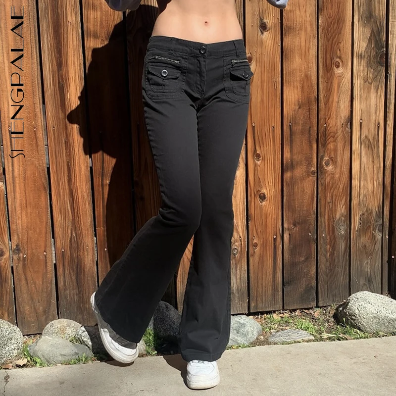 

SHENGPALAE Fashion Streetwear Black Jeans Women's Autumn 2021 New Low Waist Solid Color Slim Straight Denim Pants Female Tide
