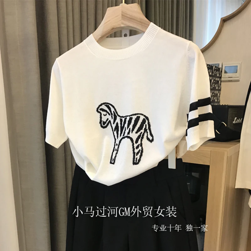 

O-Neck Short Sleeve Hit Color Cartoon Pattern Embroidery Thin Section Knitted Top 2021 Summer Korean Style Lady Casual Clothing