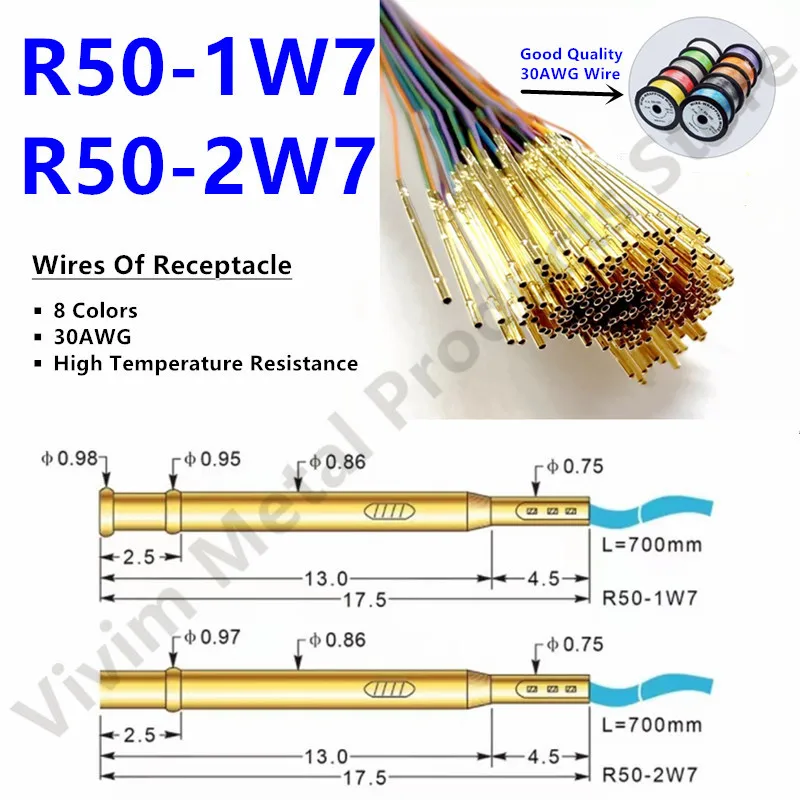 

Socket R50-1W7 R50-2W7 Length 17.5mm Spring Test Probe Receptacle Pogo Pin Pre-wired wire 30AWG High temperature resistant wire