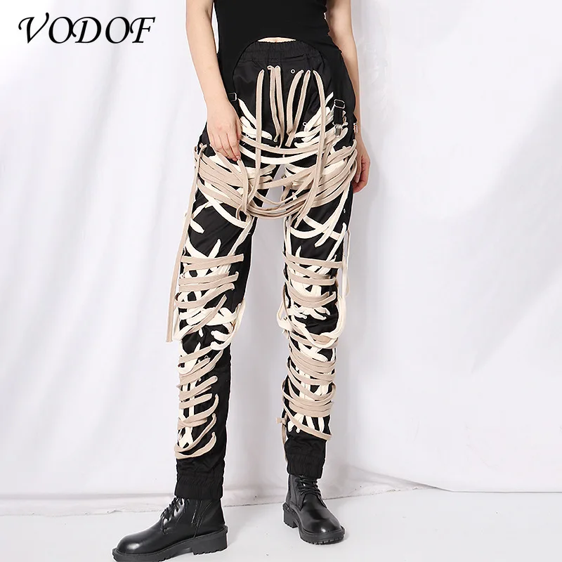 VODOF Black Cross Bandage Trouser for Female High Waist Lace Up Casual Pants Women 2021 Fashion New Clothing Autumn