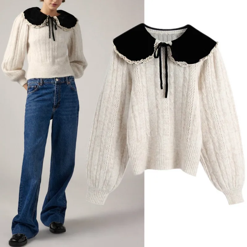 

2021 New Autumn Velvet Doll Collar Knitted Sweater Women Slim Knit Coat White Pullover Sweater Fall Warm Soft Lady Short Tops
