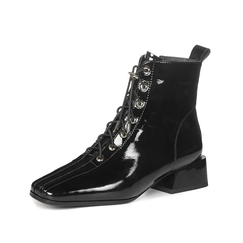 

FOREADA Square Toe Med Heel Ankle Boots Zip Real Leather Motorcycle Boots Women Block Heel Shoes Female Autumn Winter White 42